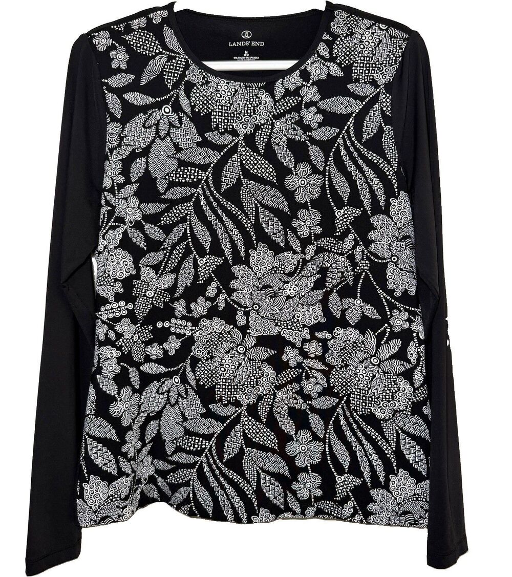 Lands’ End Women’s M Black White Floral Print Long Sleeve Stretch Knit Top